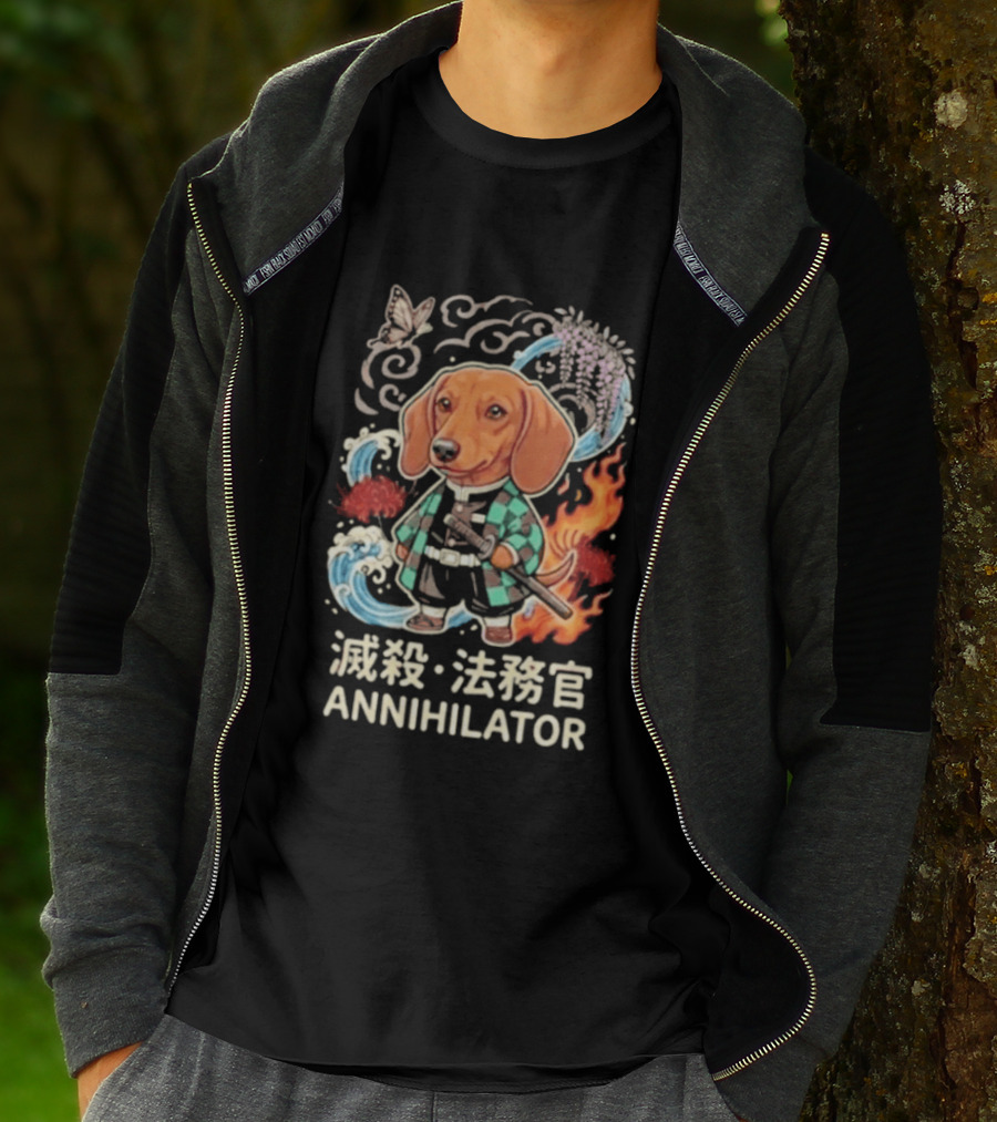 Annihilator Dachshund Kimono Kanji Flame Water Sword Butterfly T-Shirt