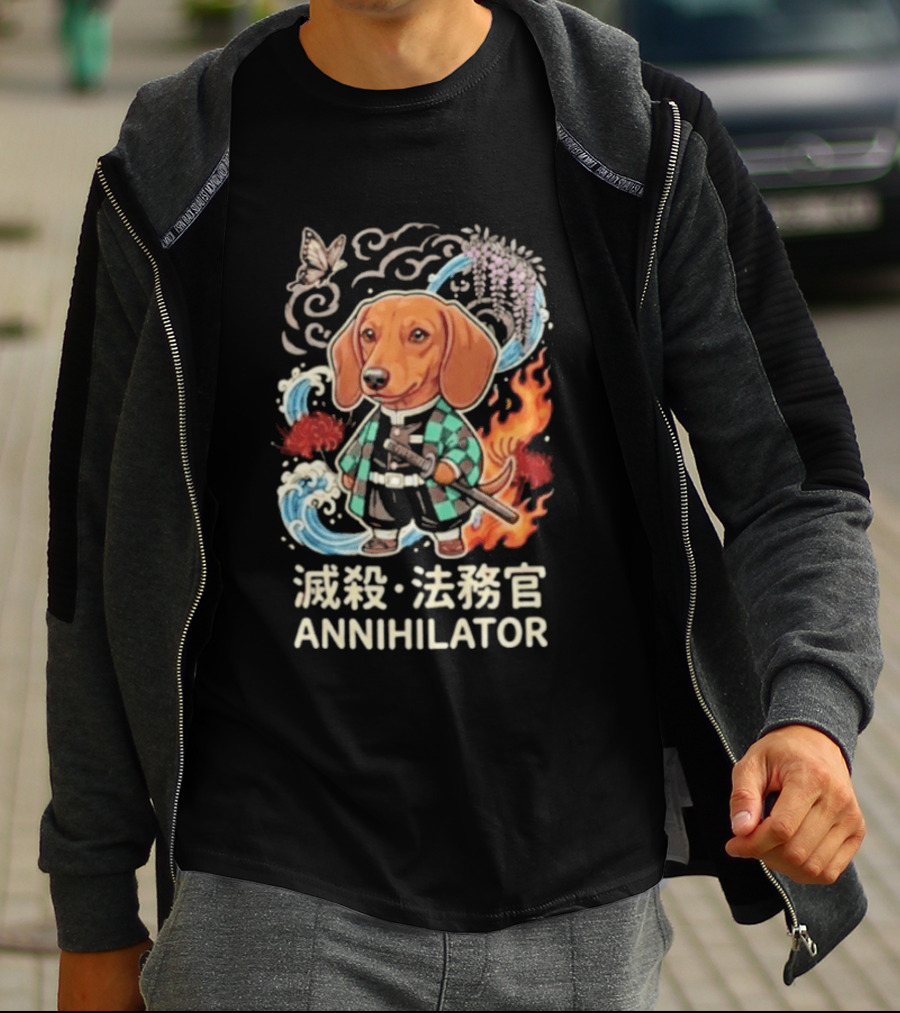 Annihilator Dachshund Kimono Kanji Flame Water Sword Butterfly T-Shirt