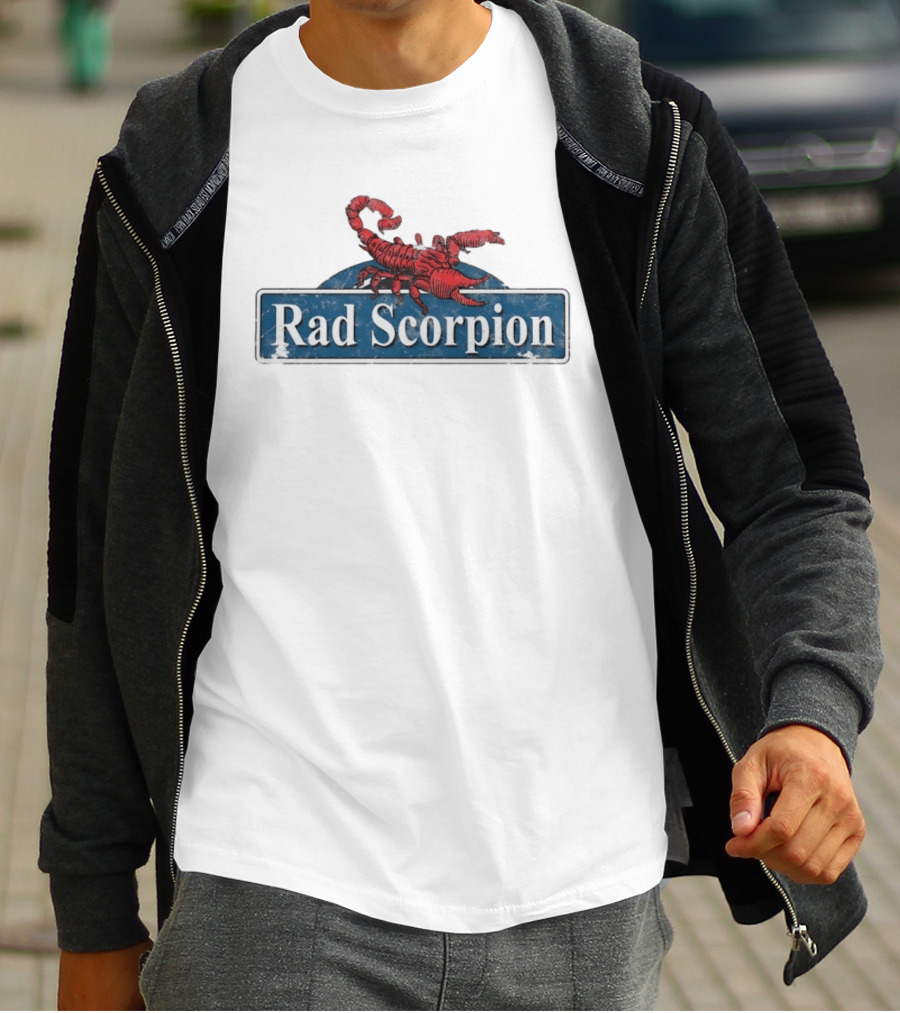 Rad Scorpion Retro Style Distressed Blue Street Sign With Red Scorpion T-Shirt