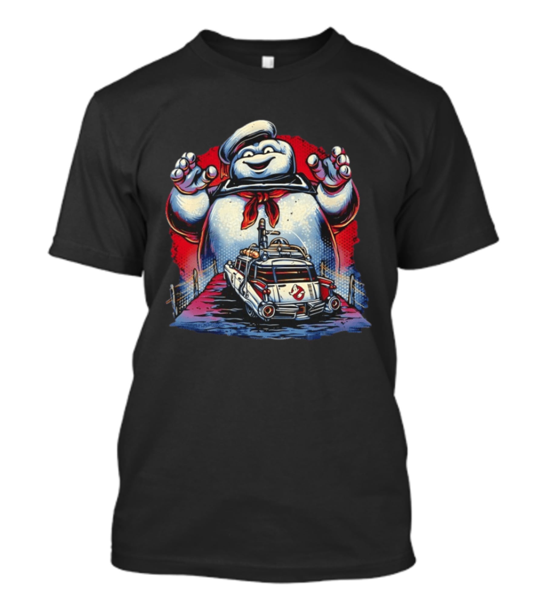 Ghostbusters Ecto 1 Meets Stay Puft Marshmallow Man Iconic Movie Scene T-Shirt