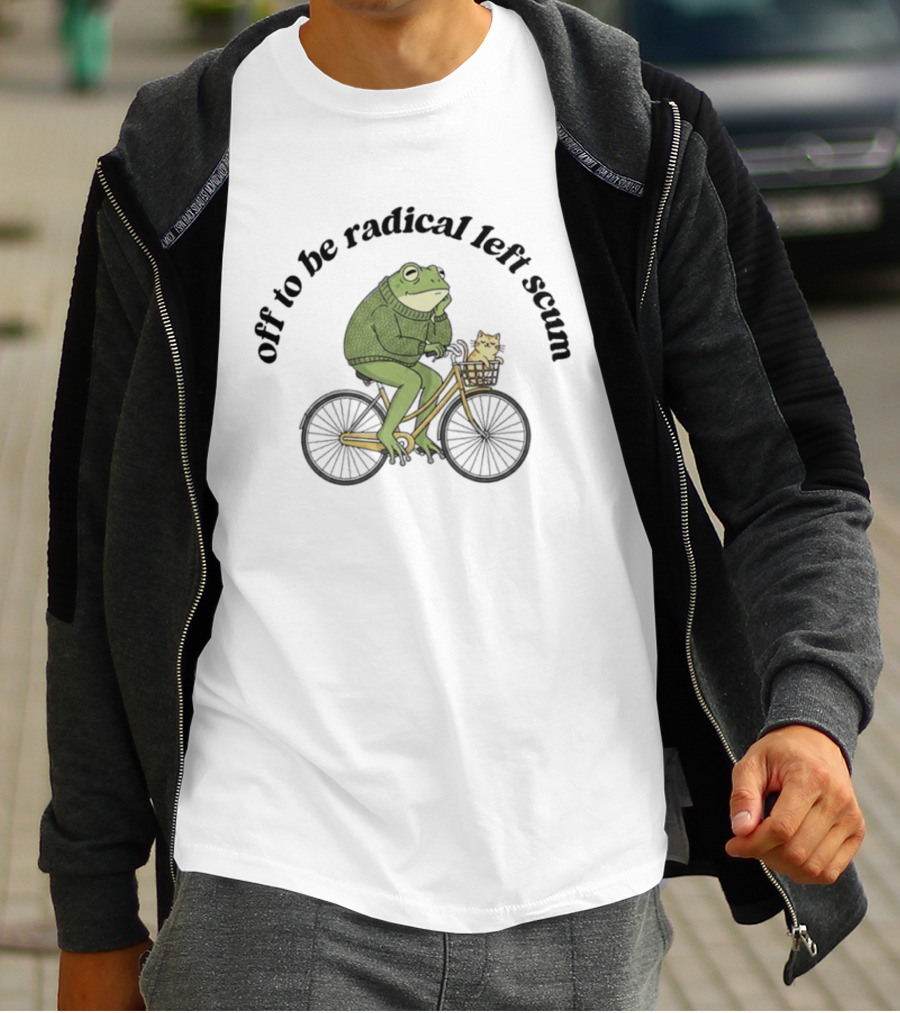 Off To Be Radical Left Scum Frog And Cat On Bicycle T-Shirt