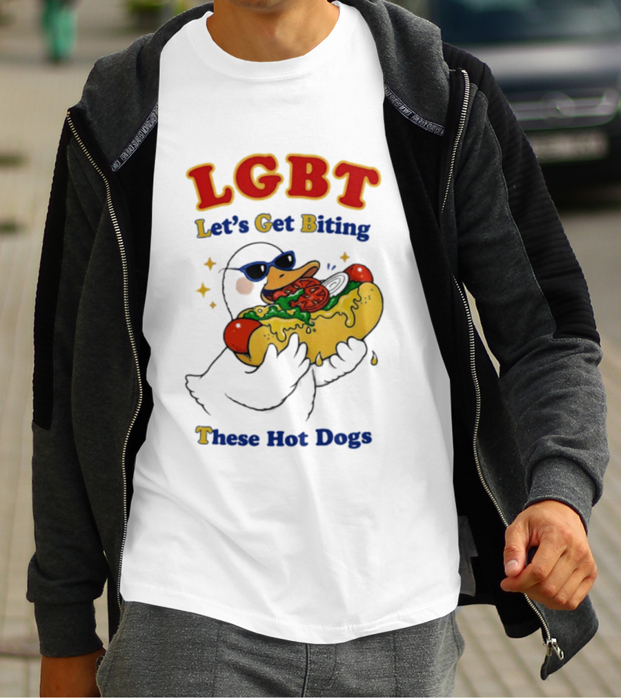 LGBT Goose Let's Get Biting These Hot Dogs Fun Pride Humor T-Shirt
