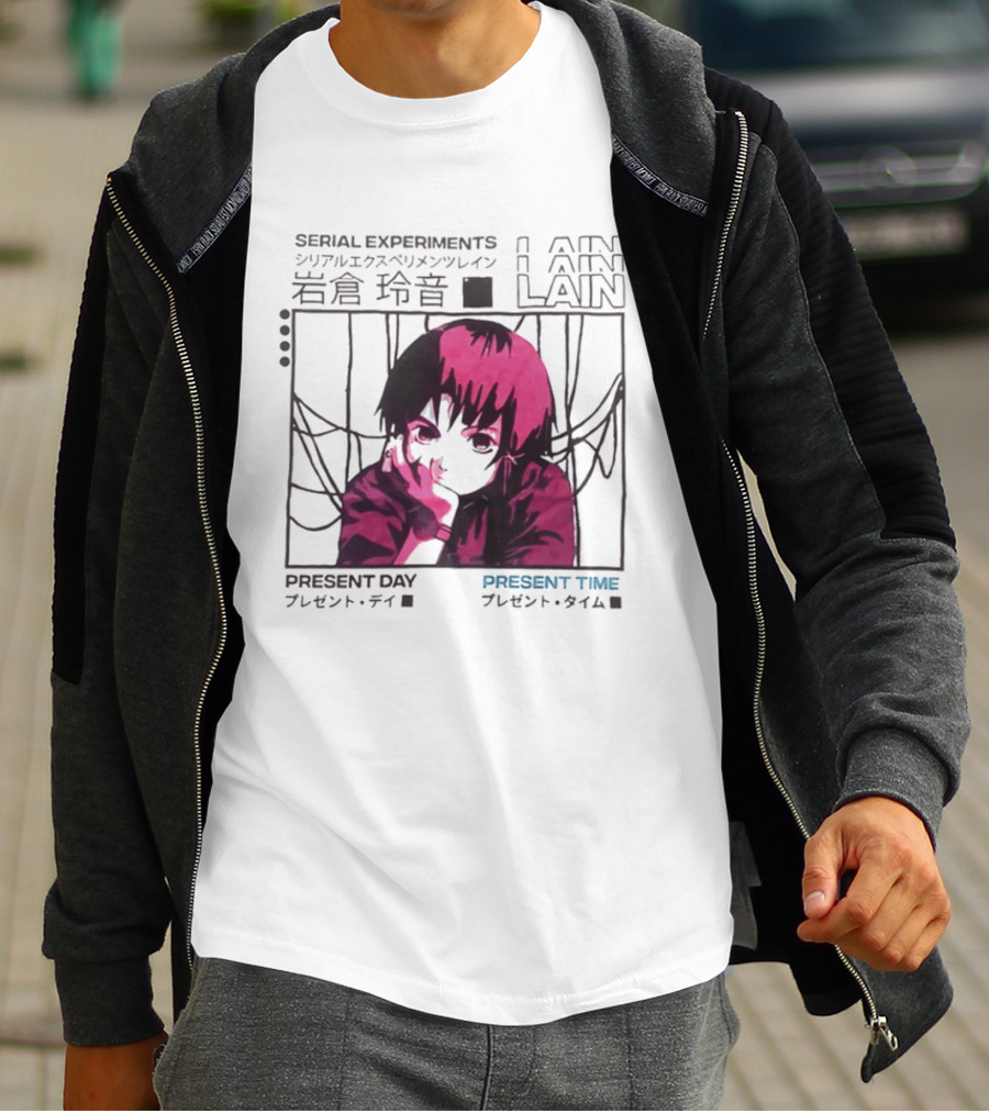 Serial Experiments Lain Present Day Present Time Japanese Text Retro Aesthetic T-Shirt