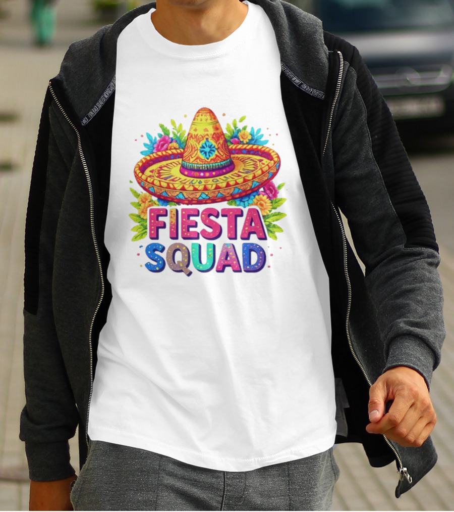 Fiesta Squad Colorful Sombrero And Flowers Cinco De Mayo Celebration T-Shirt