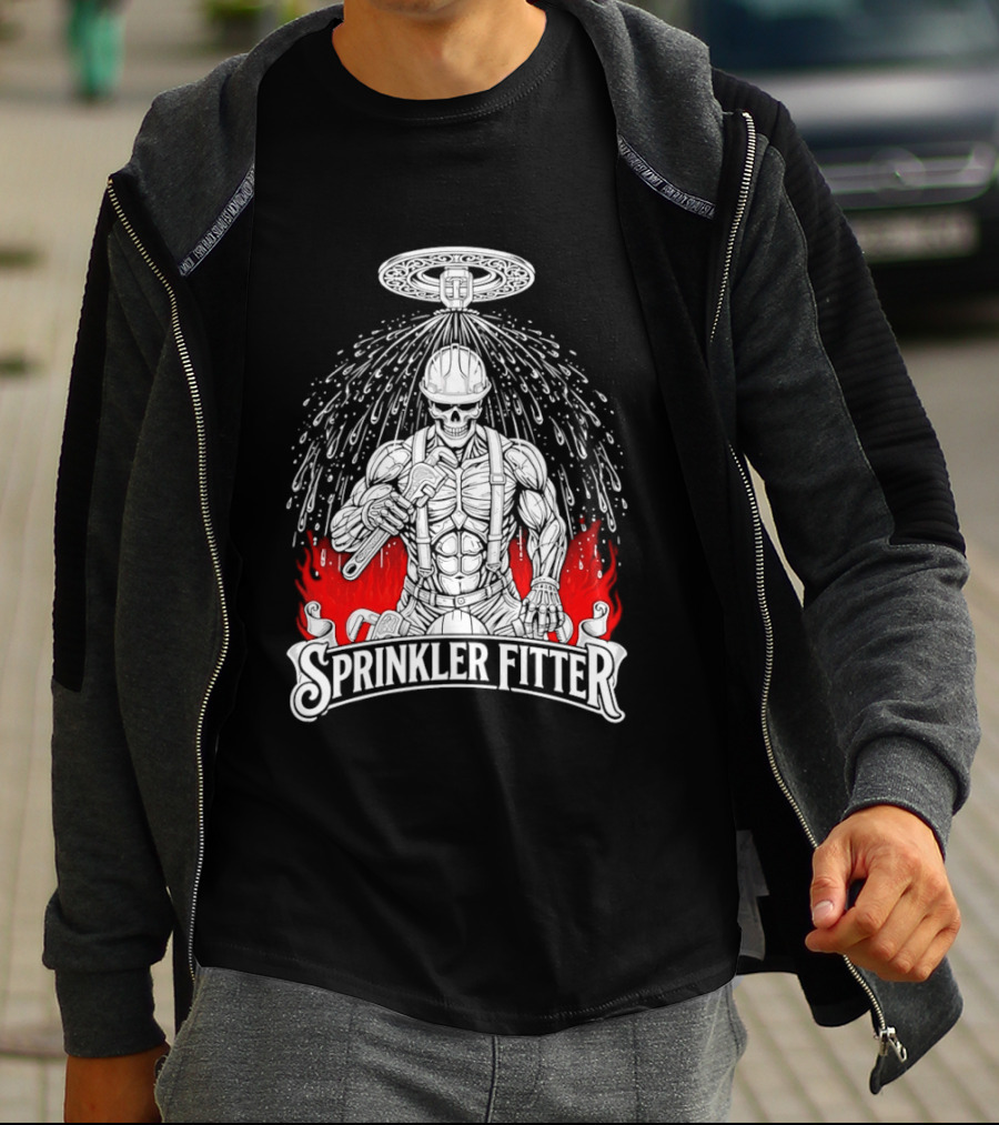 Skeleton Sprinkler Fitter With Fiery T-Shirt