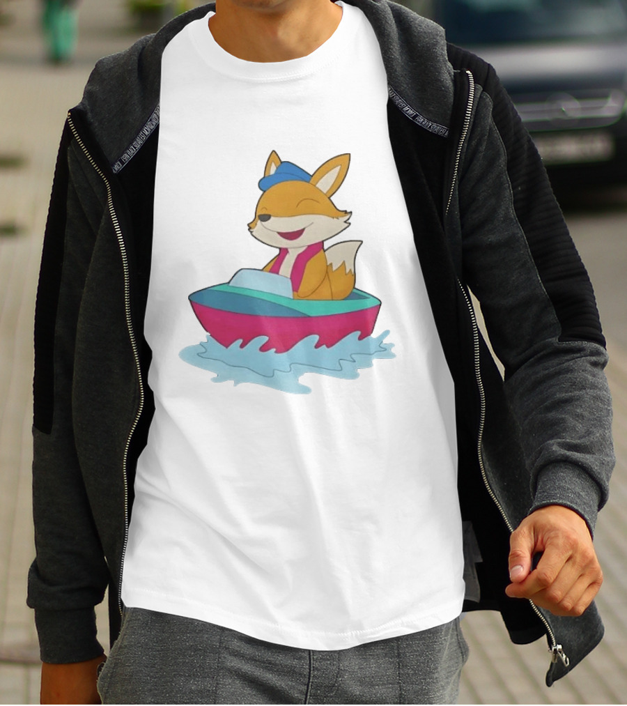 Cheerful Fox Sailing In Colorful Boat With Blue Hat And Pink Life Vest T-Shirt