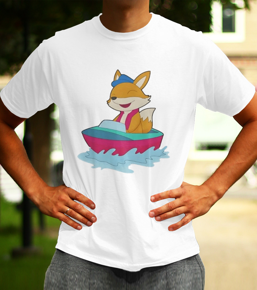 Cheerful Fox Sailing In Colorful Boat With Blue Hat And Pink Life Vest T-Shirt