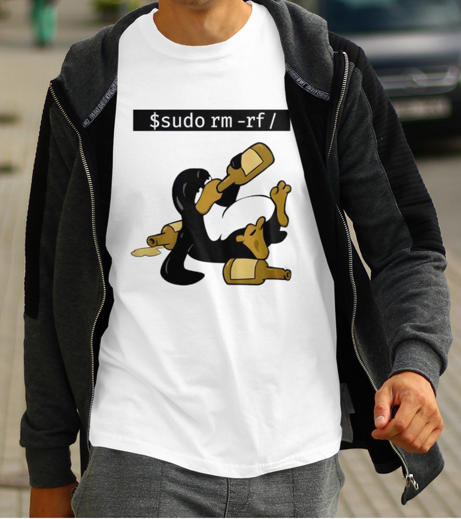 Penguin Linux Tux Drunk Sudo Rm Rf Command Bottles T-Shirt