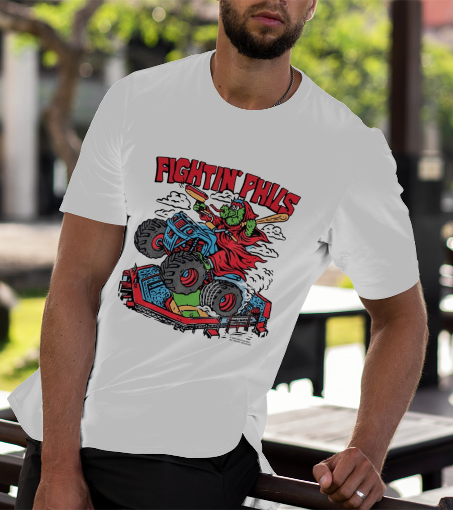 Fightin' Phils Monster Truck Creature Riding Over Baseball Stadium With Bats T-Shirt
