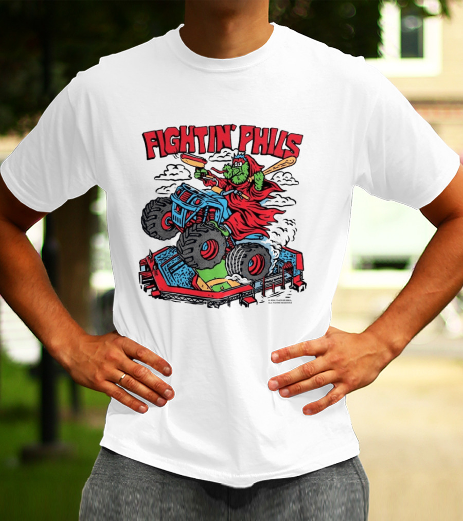 Fightin' Phils Monster Truck Creature Riding Over Baseball Stadium With Bats T-Shirt