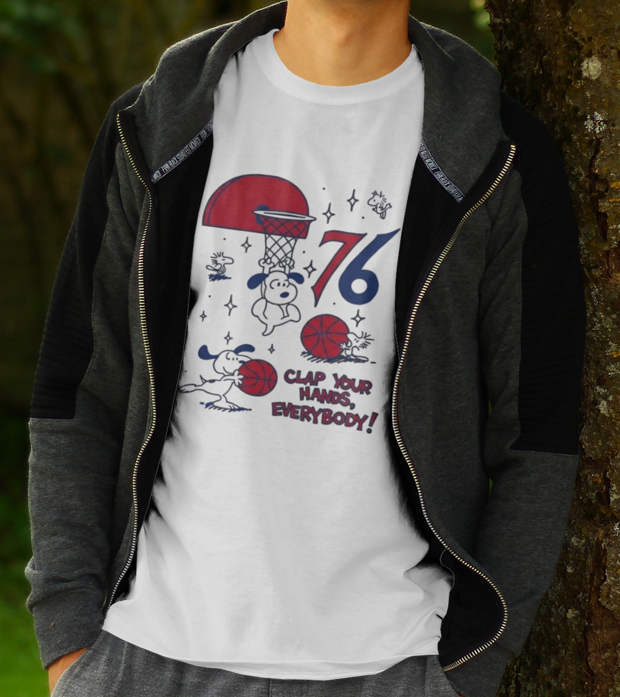 Snoopy Philadelphia 76ers Clap Your Hands Everybody Basketball Theme With Red And Blue T-Shirt