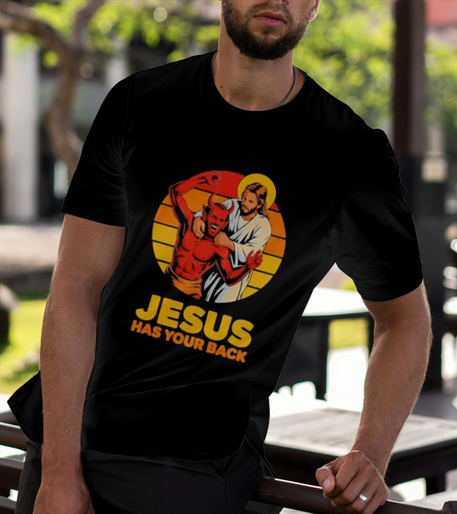 Jesus Has Your Back Vintage Illustration With Devil And Halo Symbolism T-Shirt