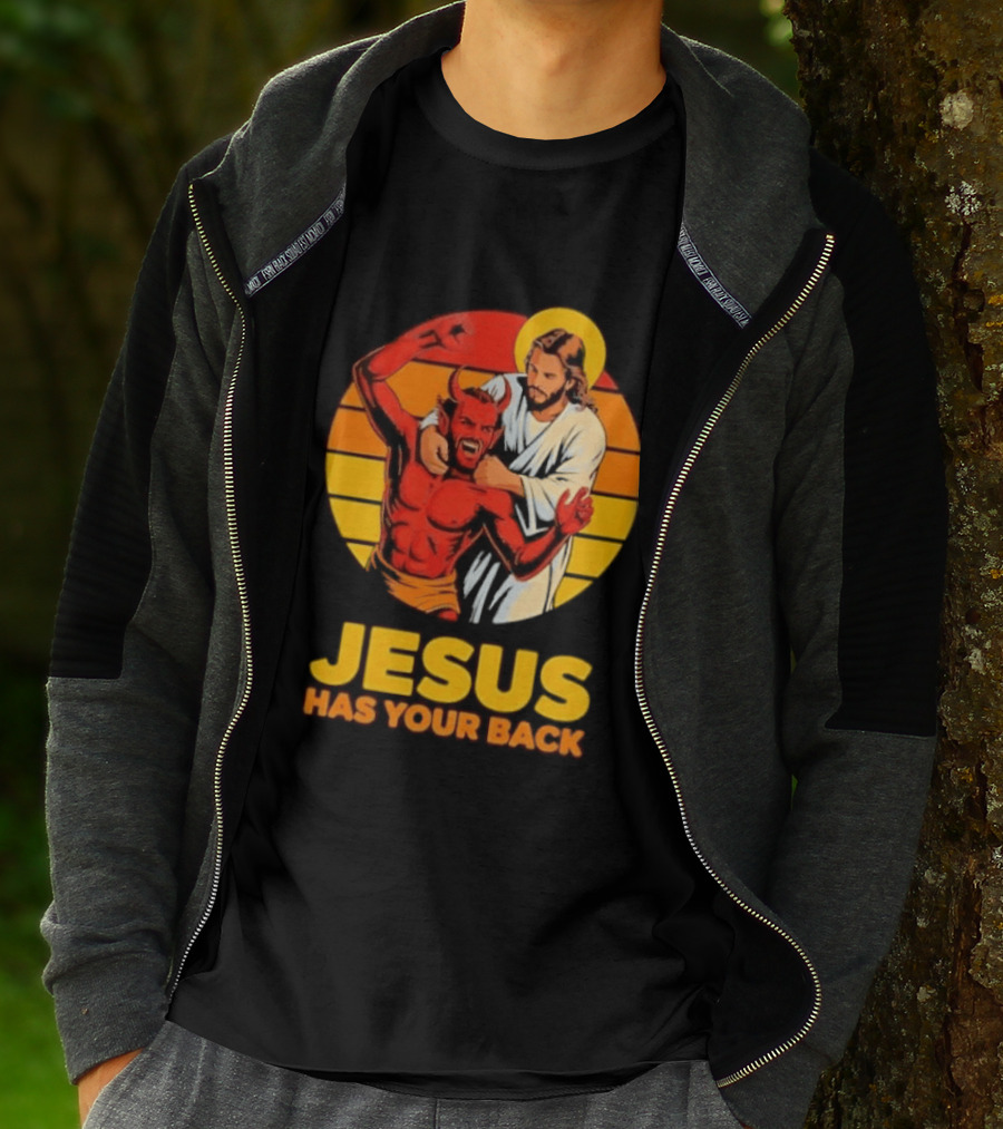 Jesus Has Your Back Vintage Illustration With Devil And Halo Symbolism T-Shirt