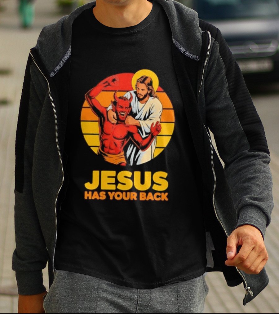 Jesus Has Your Back Vintage Illustration With Devil And Halo Symbolism T-Shirt
