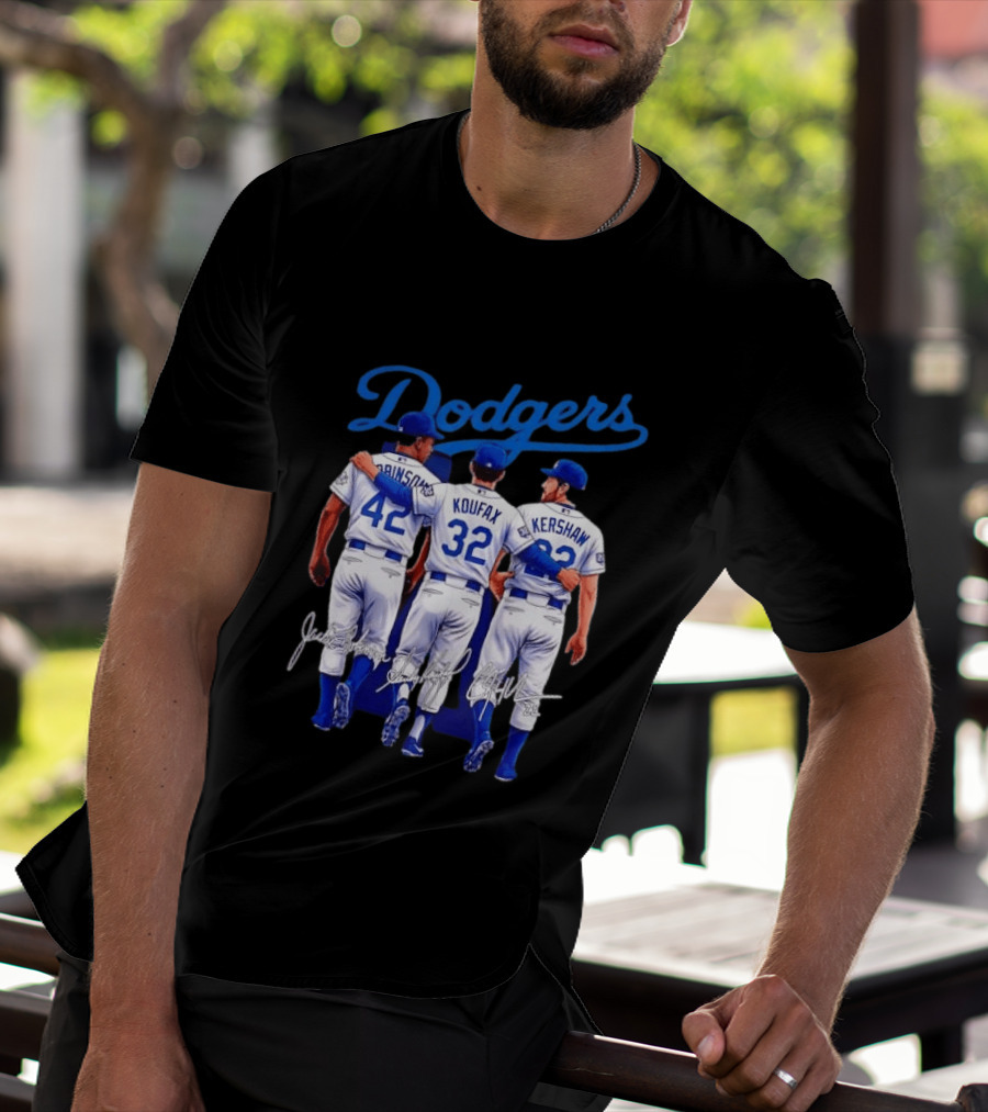 Los Angeles Dodgers Legendary Trio Jackie Robinson Sandy Koufax Clayton Kershaw Signatures T-Shirt