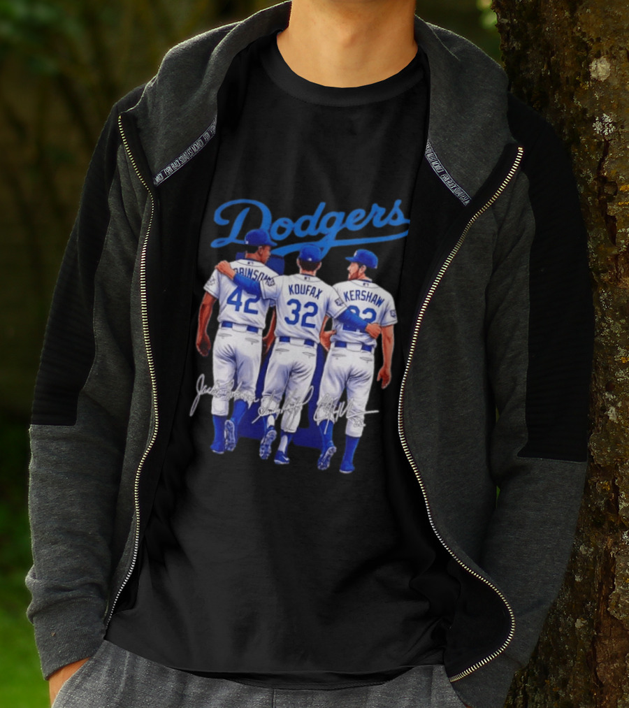 Los Angeles Dodgers Legendary Trio Jackie Robinson Sandy Koufax Clayton Kershaw Signatures T-Shirt