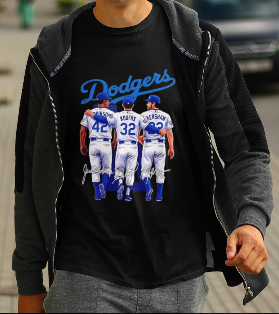 Los Angeles Dodgers Legendary Trio Jackie Robinson Sandy Koufax Clayton Kershaw Signatures T-Shirt