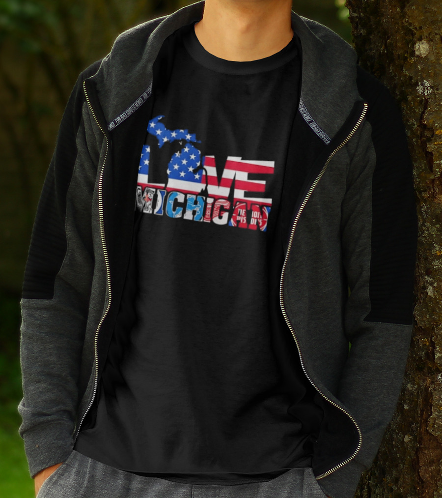 Love Michigan Map USA Flag Detroit Lions Tigers Red Wings Pistons T-Shirt