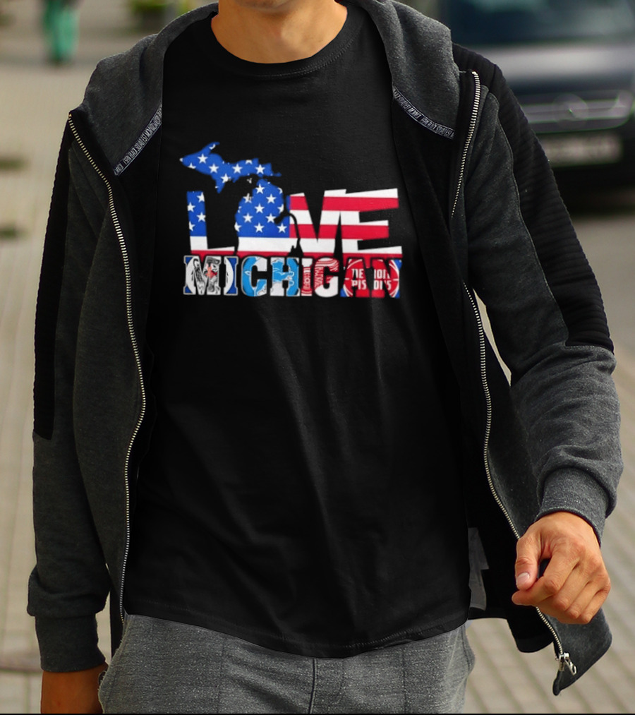 Love Michigan Map USA Flag Detroit Lions Tigers Red Wings Pistons T-Shirt