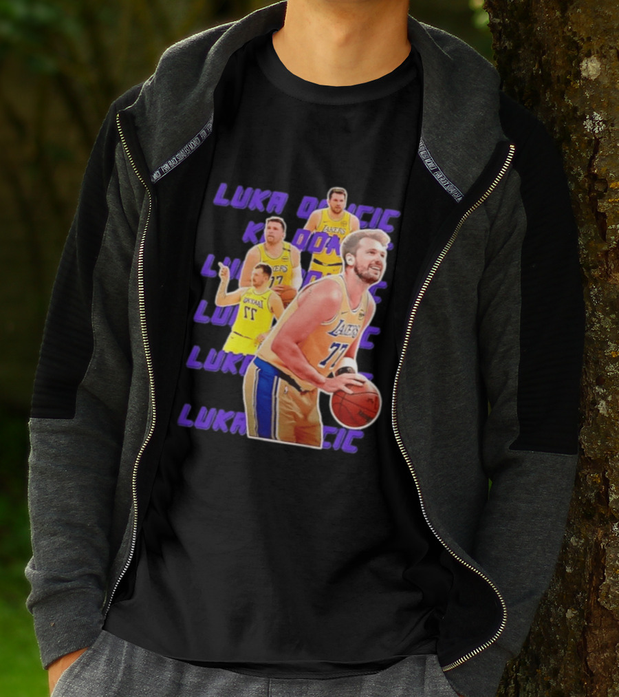 Luka Doncic Lakers 77 Action Shot Multiple Pose Purple Basketball Display T-Shirt