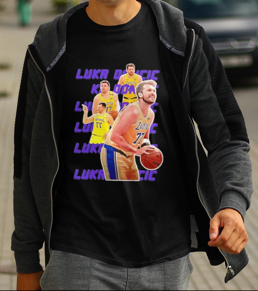 Luka Doncic Lakers 77 Action Shot Multiple Pose Purple Basketball Display T-Shirt