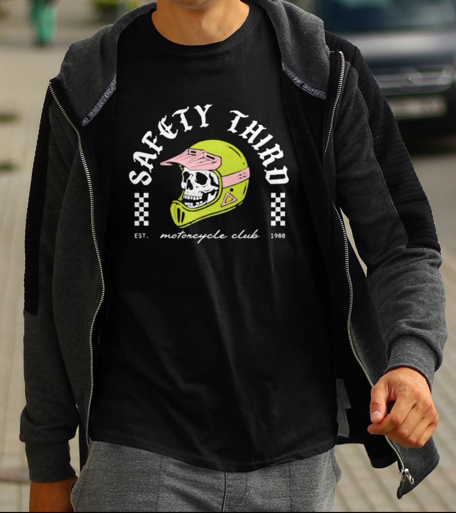 Safety Third Motorcycle Club Skull Helmet Est 1998 T-Shirt