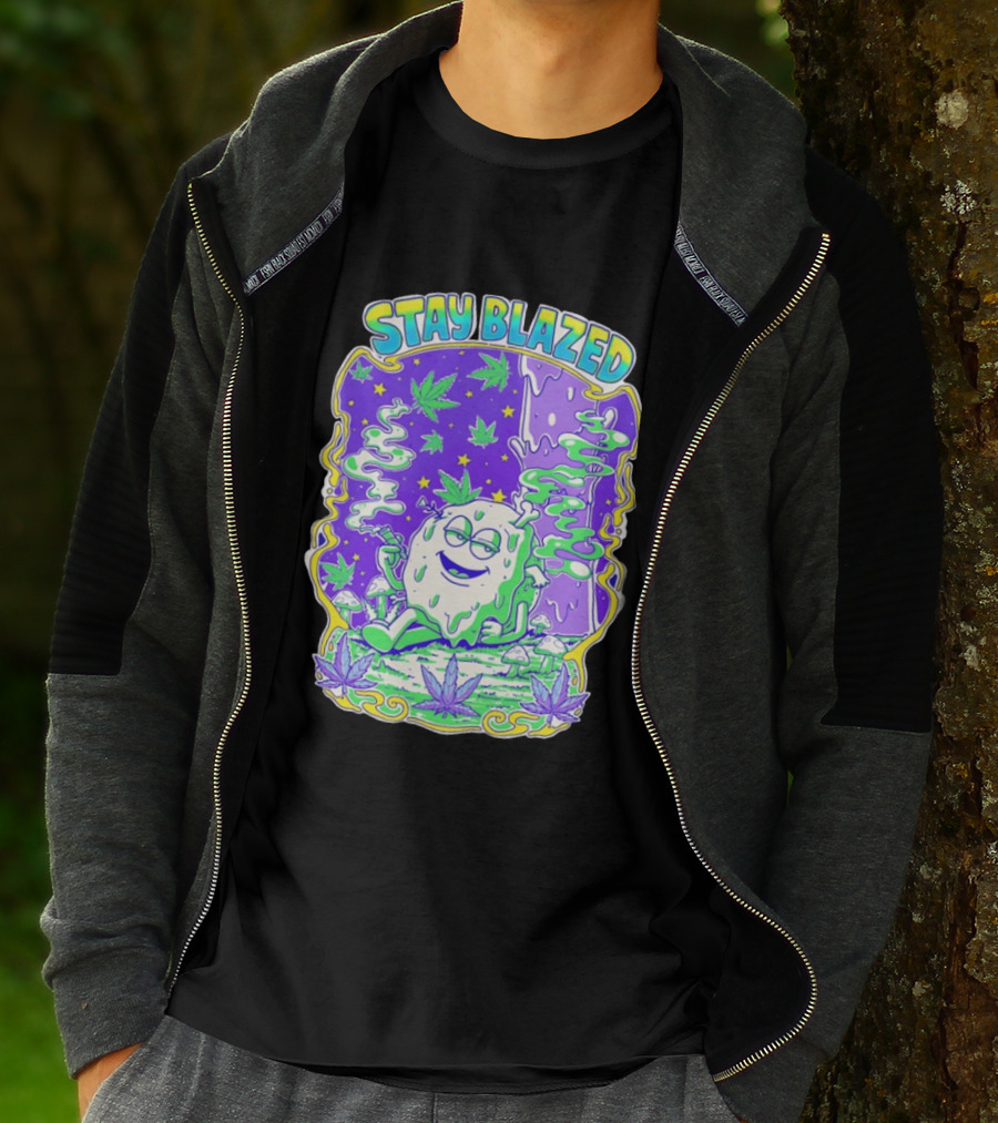 Stay Blazed Trippy Cannabis Character Psychedelic Art Leafs And Mushrooms T-Shirt