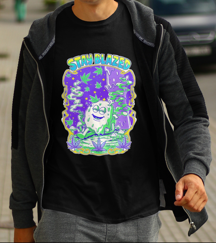 Stay Blazed Trippy Cannabis Character Psychedelic Art Leafs And Mushrooms T-Shirt