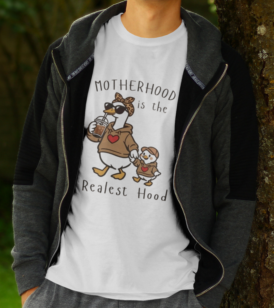 Motherhood Is The Realest Hood Duck With Heart And Coffee T-Shirt