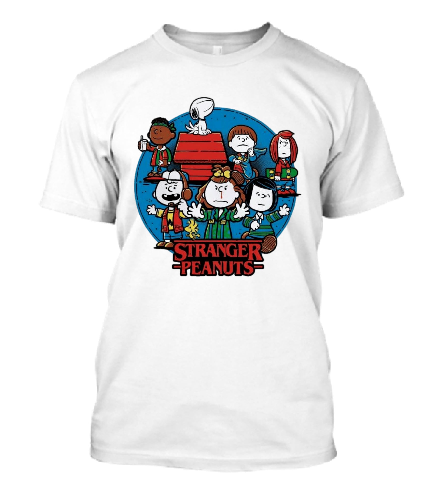 Stranger Peanuts Cartoon Characters Crossover Red Doghouse Blue Circle T-Shirt