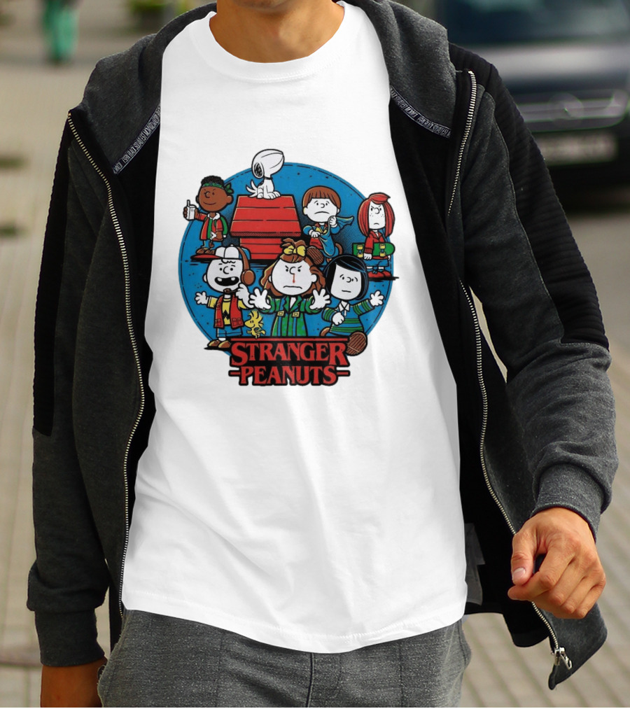 Stranger Peanuts Cartoon Characters Crossover Red Doghouse Blue Circle T-Shirt