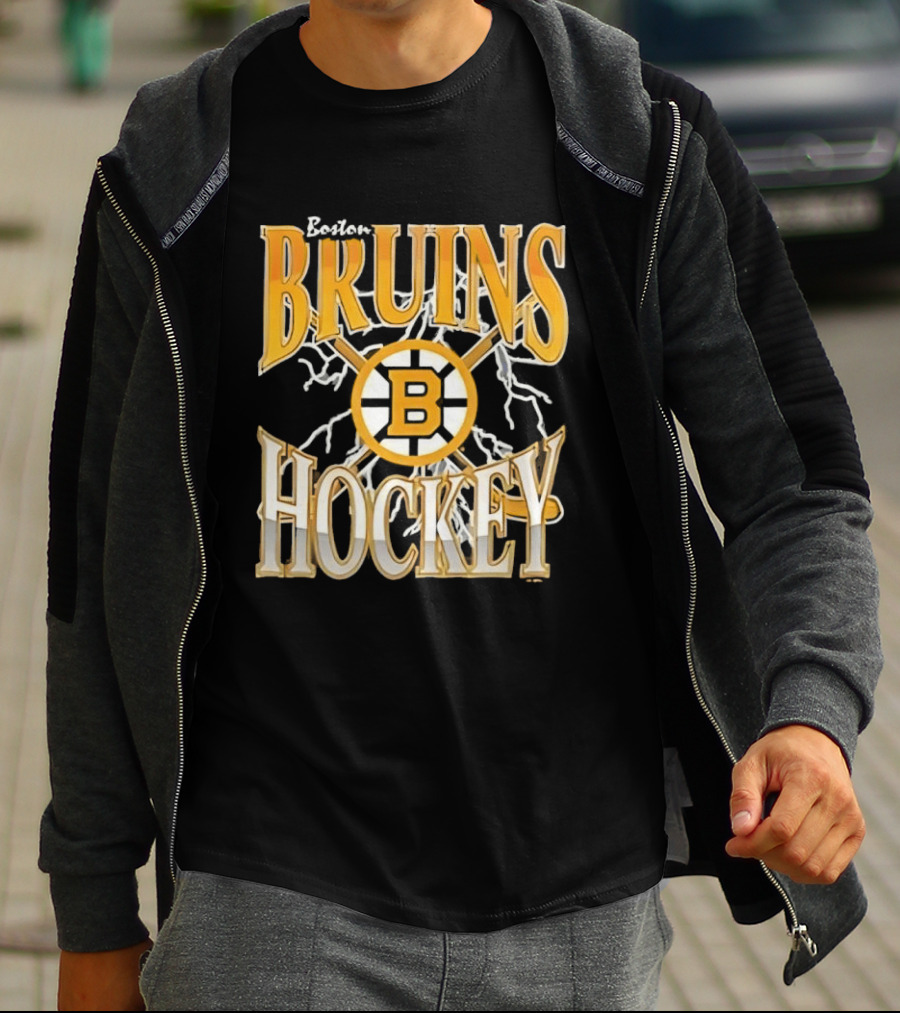 Boston Bruins Hockey B Logo Crossed Sticks Lightning T-Shirt