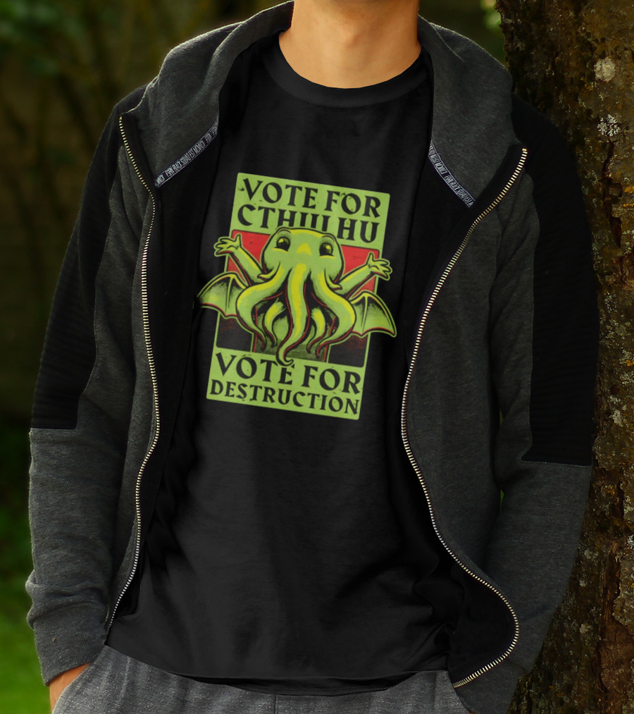 Vote For Cthulhu For Destruction Cartoon Alien Creature With Tentacles And Wings T-Shirt