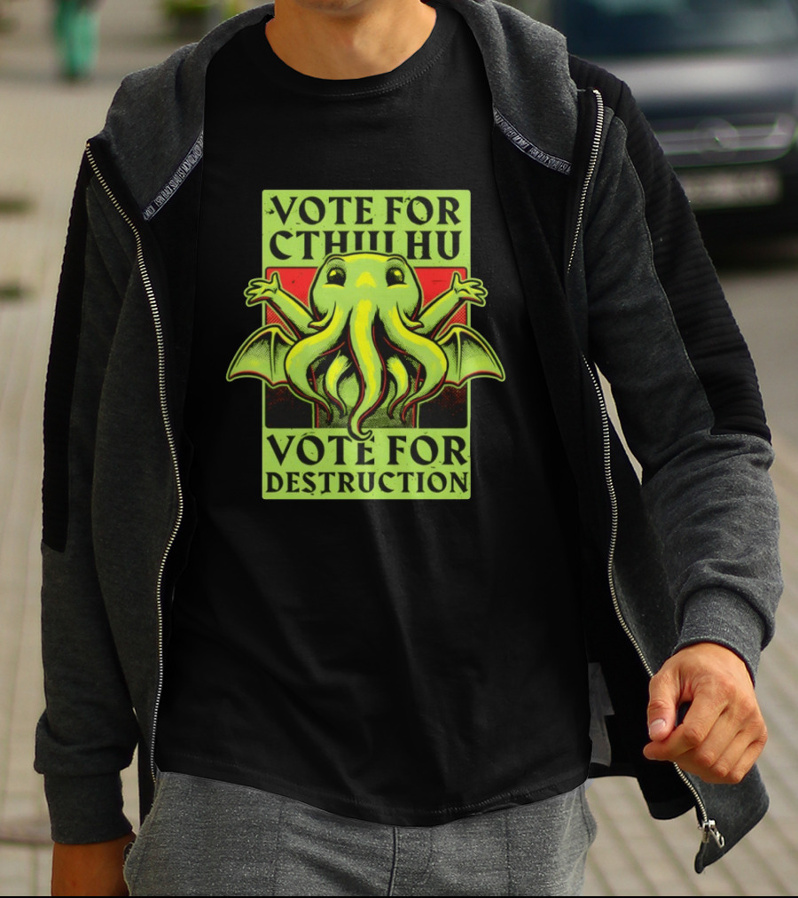 Vote For Cthulhu For Destruction Cartoon Alien Creature With Tentacles And Wings T-Shirt