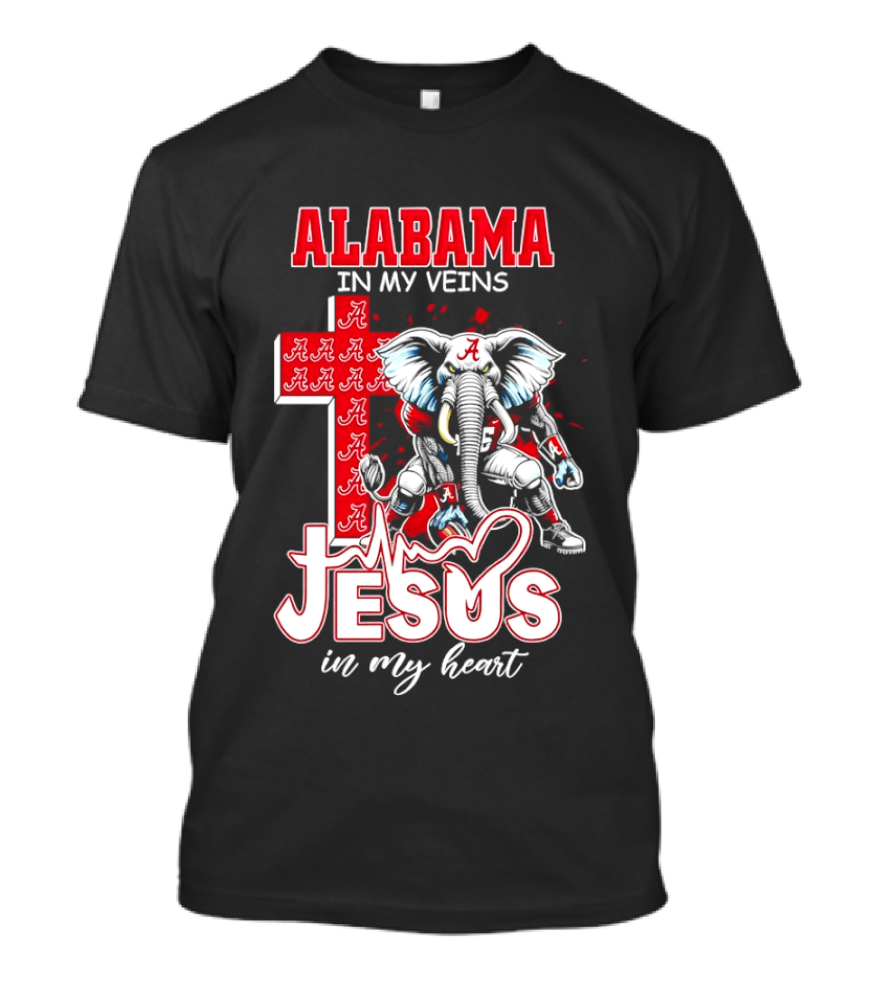 Alabama Crimson Tide In My Veins Jesus In My Heart Elephant Cross T-Shirt