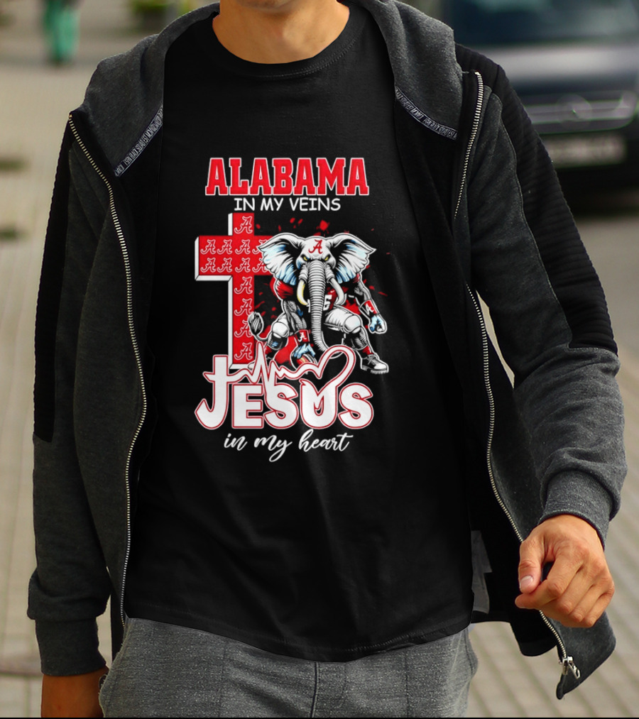 Alabama Crimson Tide In My Veins Jesus In My Heart Elephant Cross T-Shirt