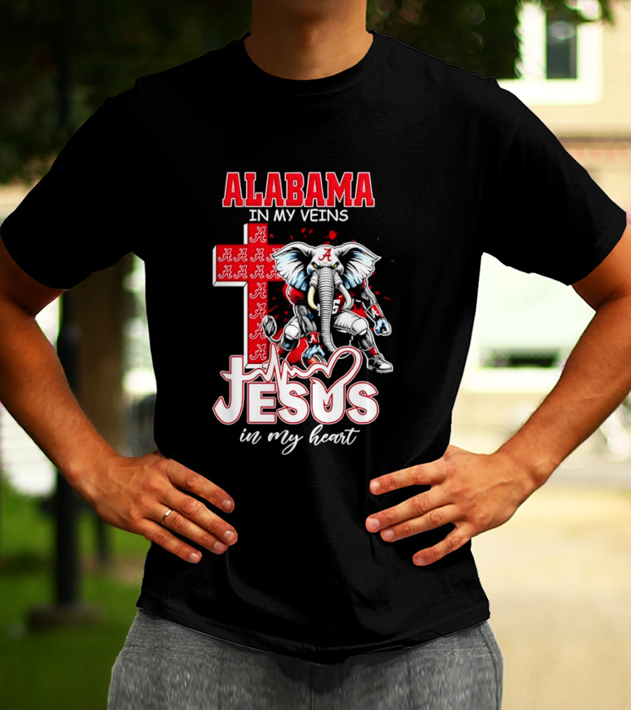 Alabama Crimson Tide In My Veins Jesus In My Heart Elephant Cross T-Shirt
