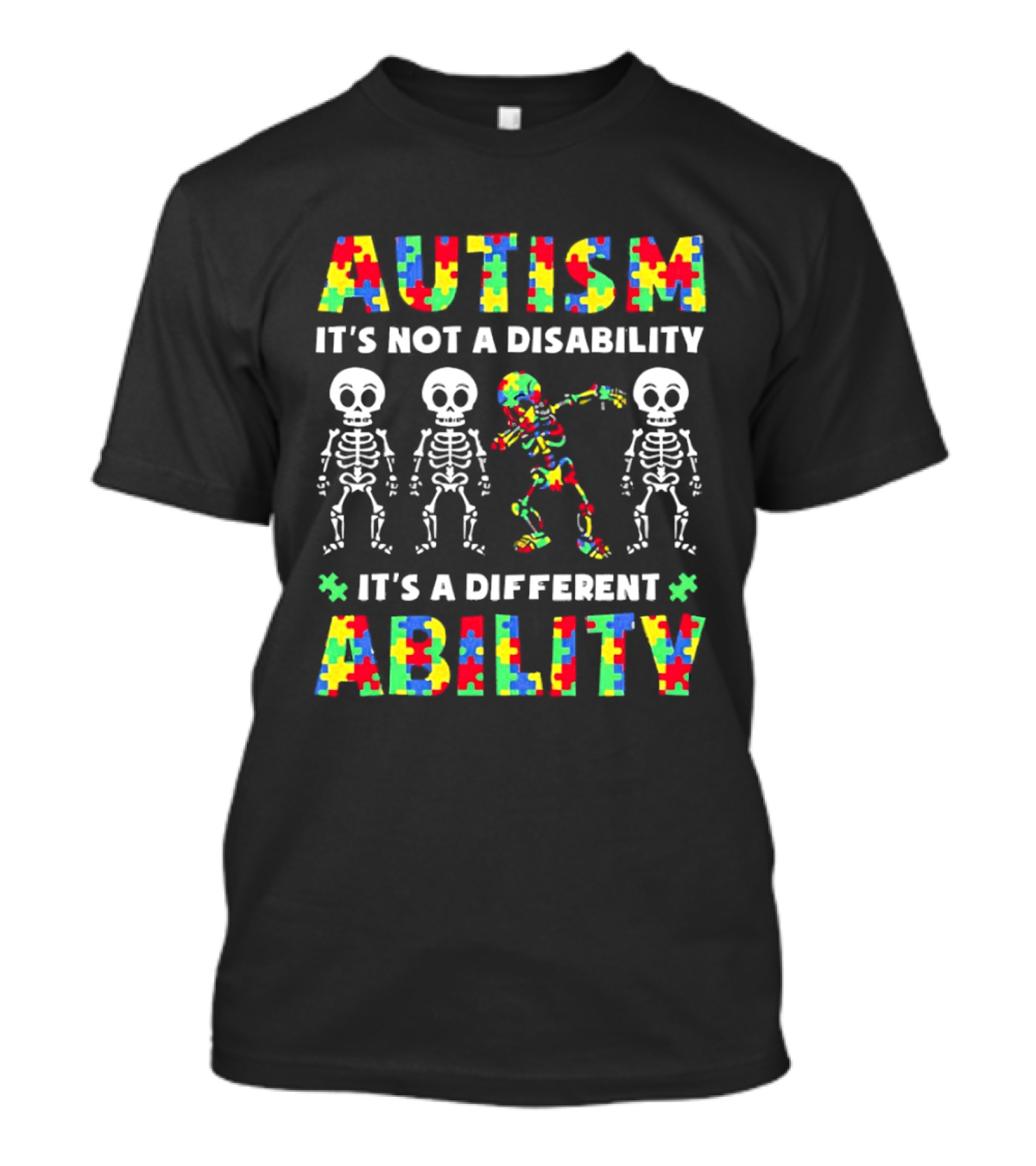 Autism It's Not A Disability It's A Different Ability Puzzle Pieces Dancing Skeletons T-Shirt