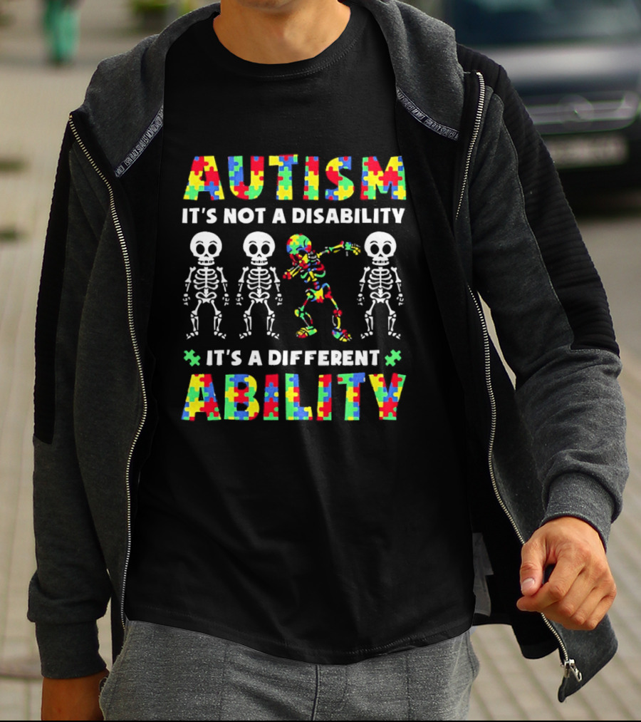 Autism It's Not A Disability It's A Different Ability Puzzle Pieces Dancing Skeletons T-Shirt
