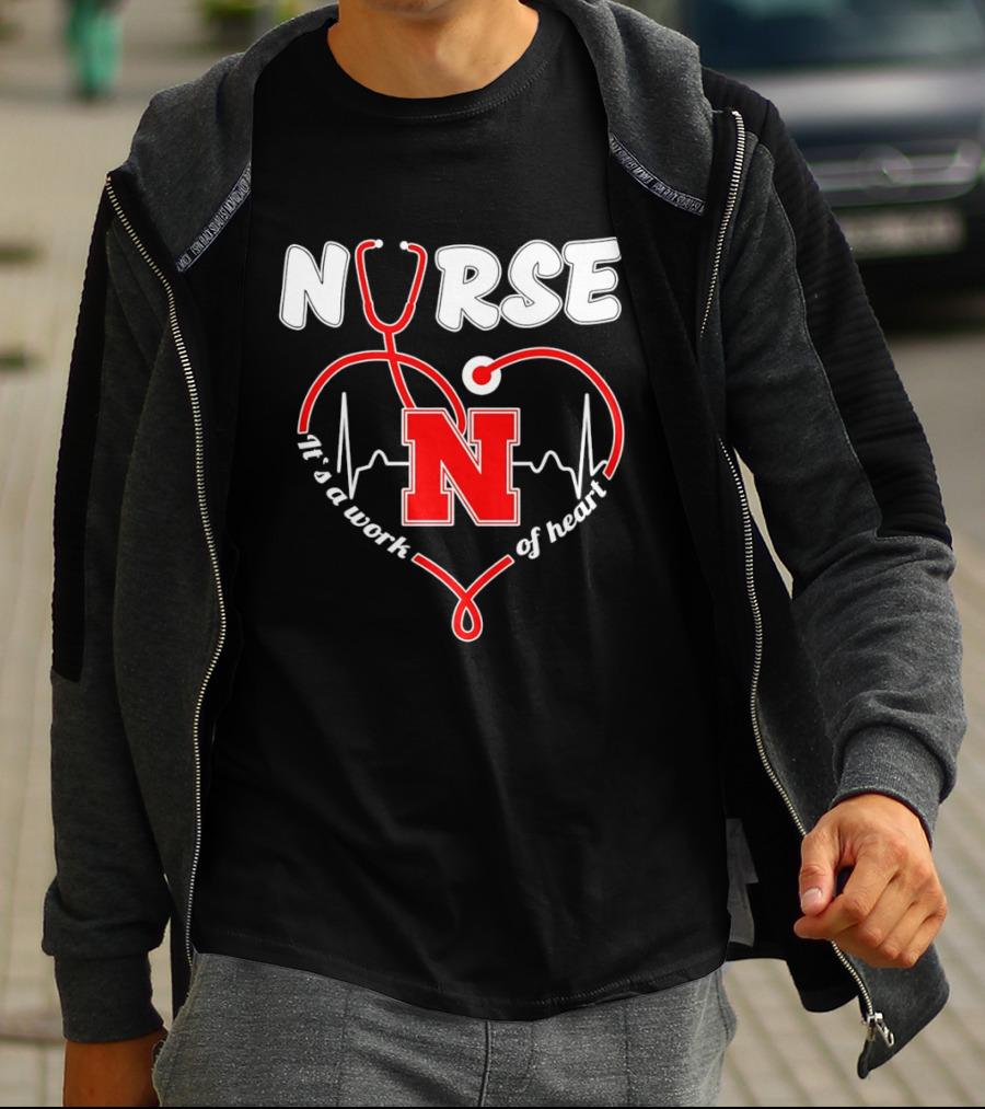 Nurse Stethoscope Heart Nebraska N It's A Work Of Heart T-Shirt