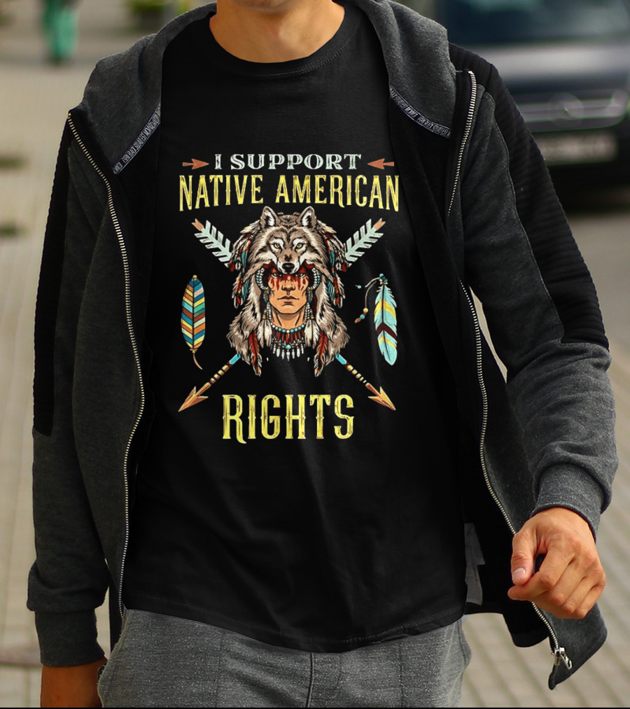 I Support Native American Rights Wolf Headdress Feathers Arrows T-Shirt