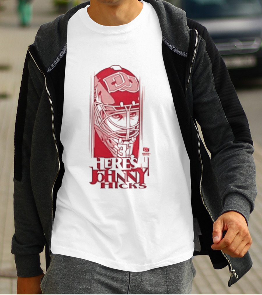 Here's Johnny Hicks Denver Pioneers Men's Ice Hockey Mask DJ T-Shirt