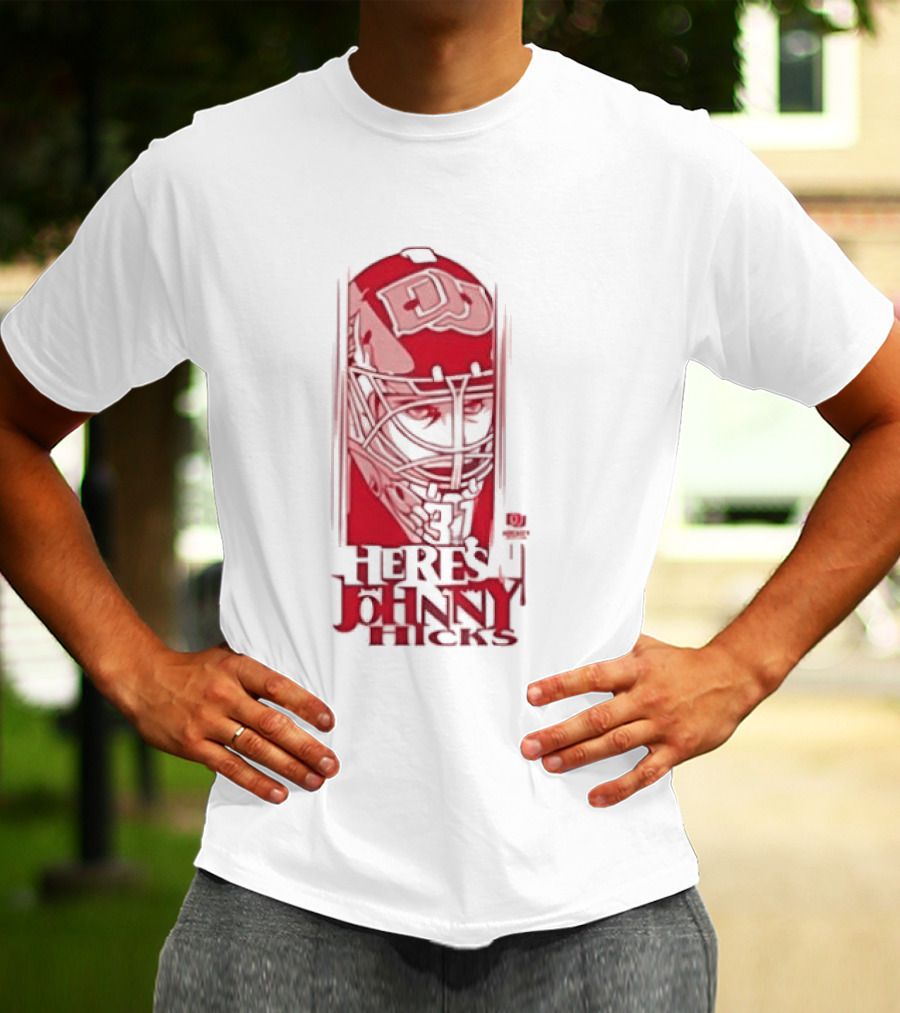 Here's Johnny Hicks Denver Pioneers Men's Ice Hockey Mask DJ T-Shirt