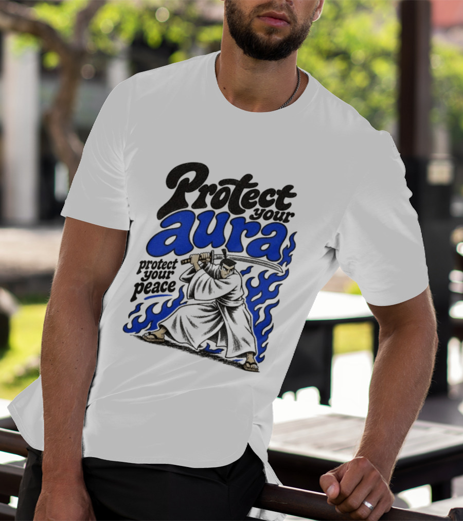 Protect Your Aura Samurai Protect Your Peace Blue Flames T-Shirt