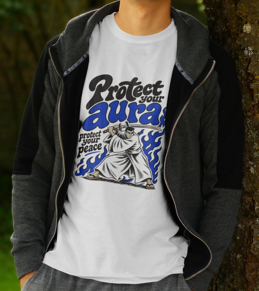 Protect Your Aura Samurai Protect Your Peace Blue Flames T-Shirt