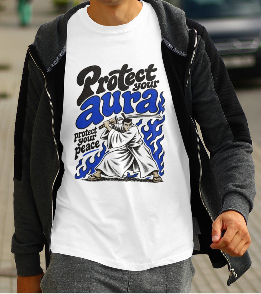 Protect Your Aura Samurai Protect Your Peace Blue Flames T-Shirt