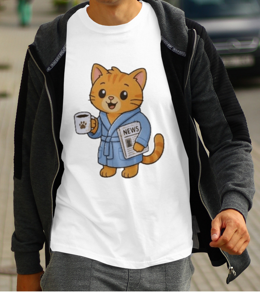 Cat In Bathrobe With Coffee And Newspaper T-Shirt