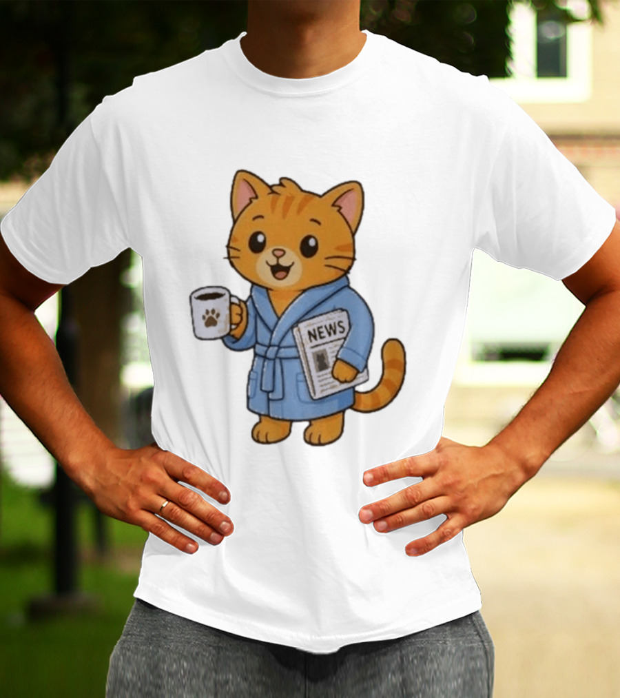 Cat In Bathrobe With Coffee And Newspaper T-Shirt