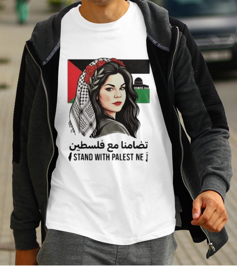 Stand With Palestine Women تضامنًا مع فلسطين Iconic Figure With Traditional Scarf And Flag T-Shirt