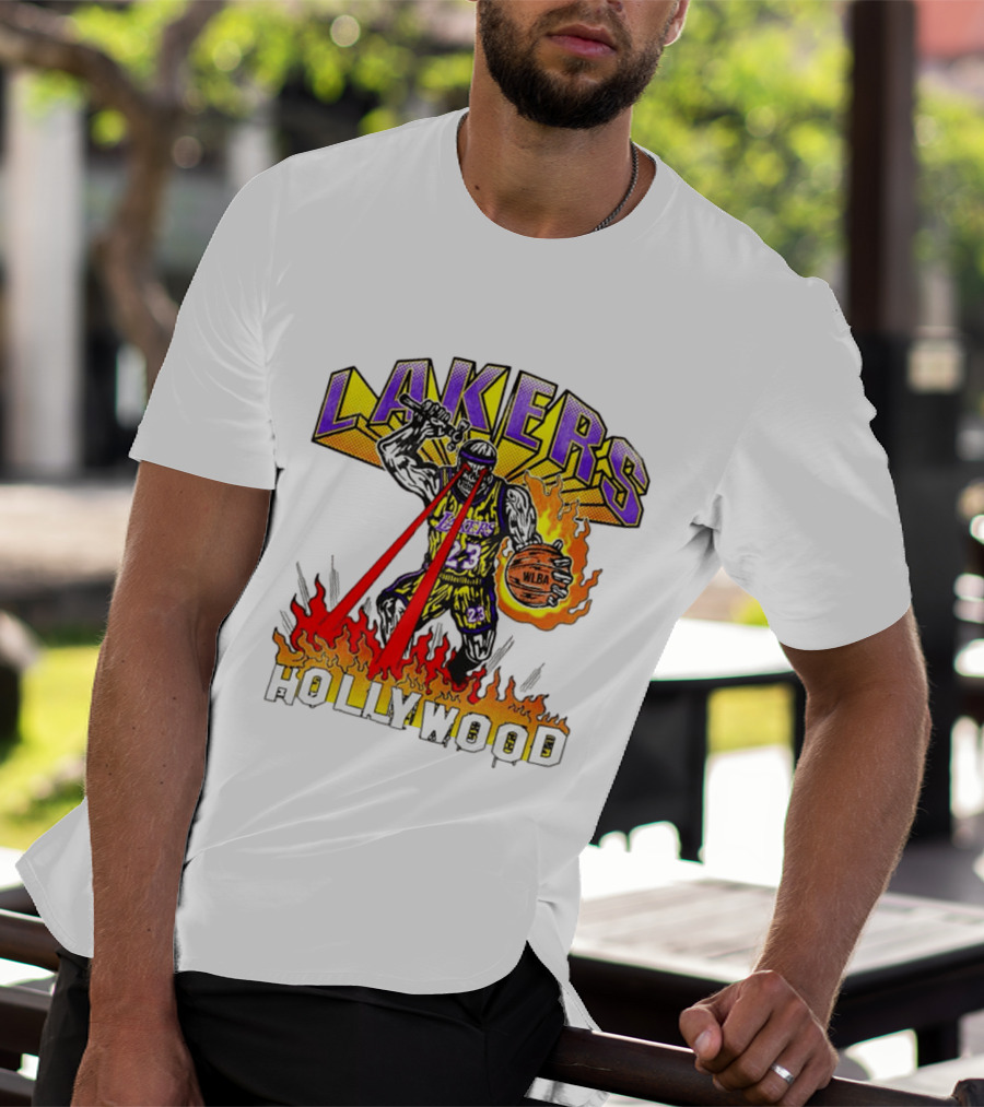Rare Warren Lotas Los Angeles Lakers Hollywood Basketball Player Flames Laser Eyes 23 Team T-Shirt